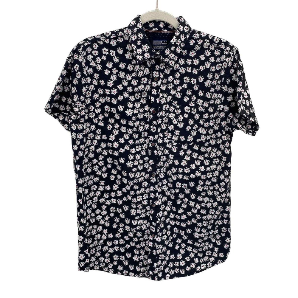 Monument Button Front Shirt Mens Small Black White Floral Print 100% Cotton